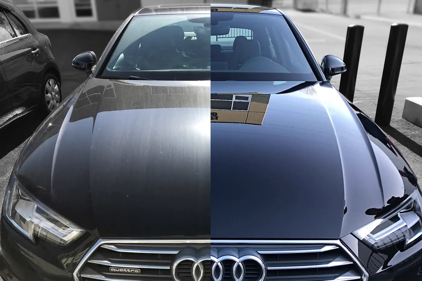 Split before-and-after photo showing a dull hood next to a corrected, glossy finish
